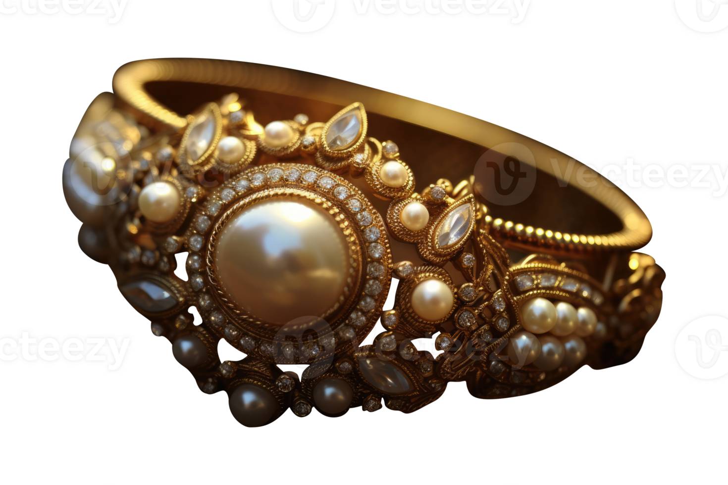 An ornate gold bracelet with pearls and diamonds png