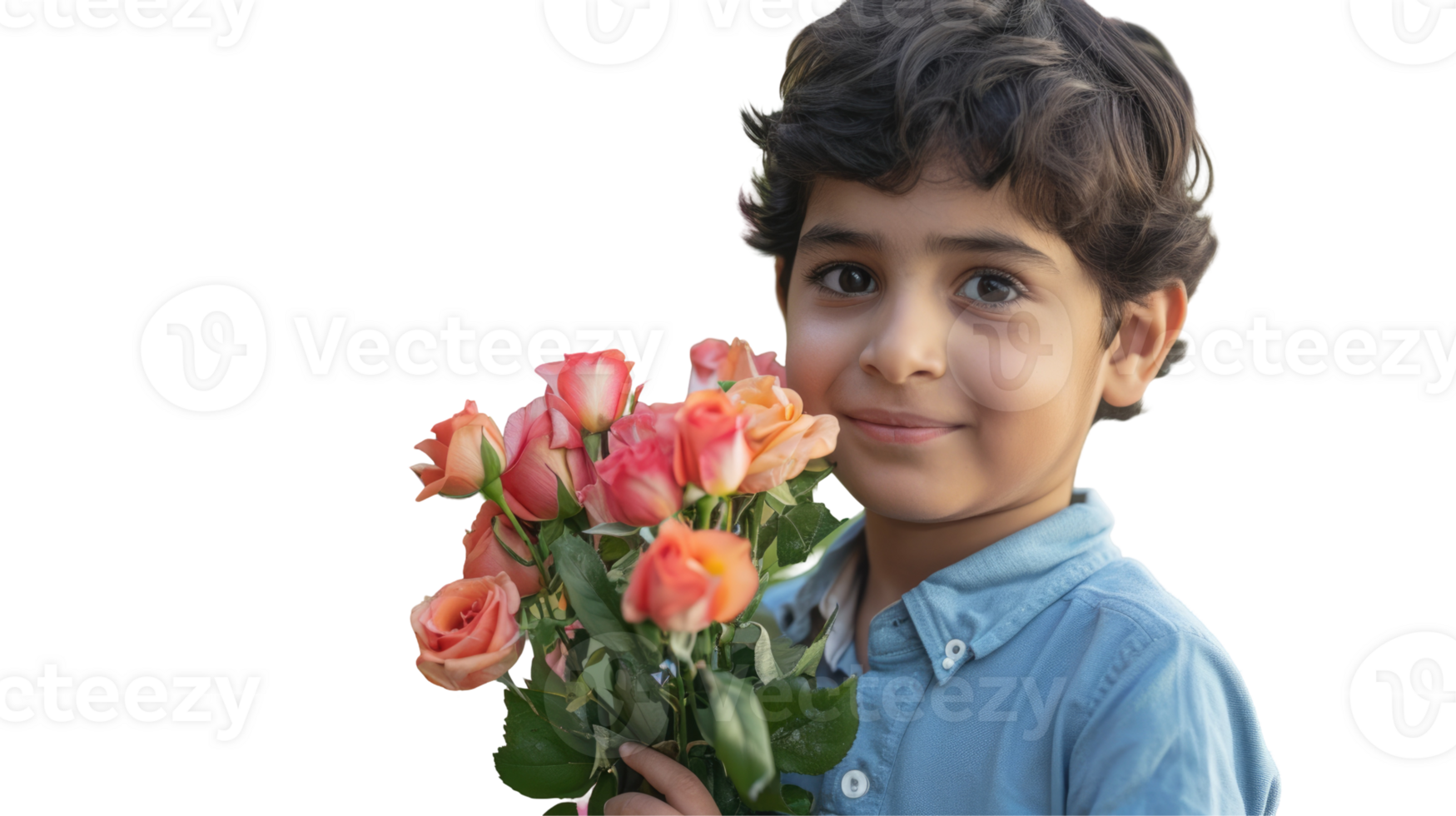 A young boy holding a bouquet of roses png