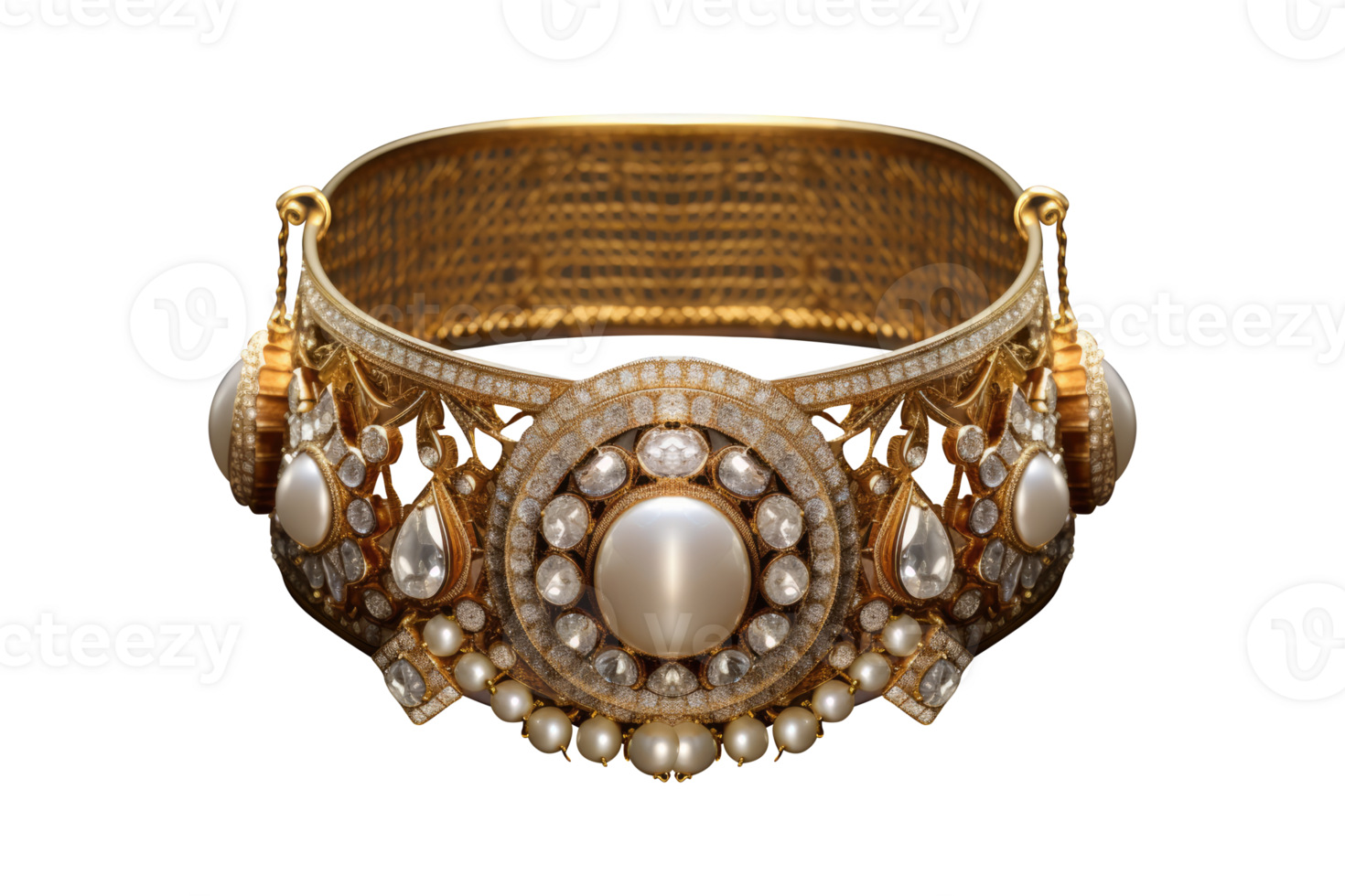 An ornate gold bracelet with pearls and diamonds png