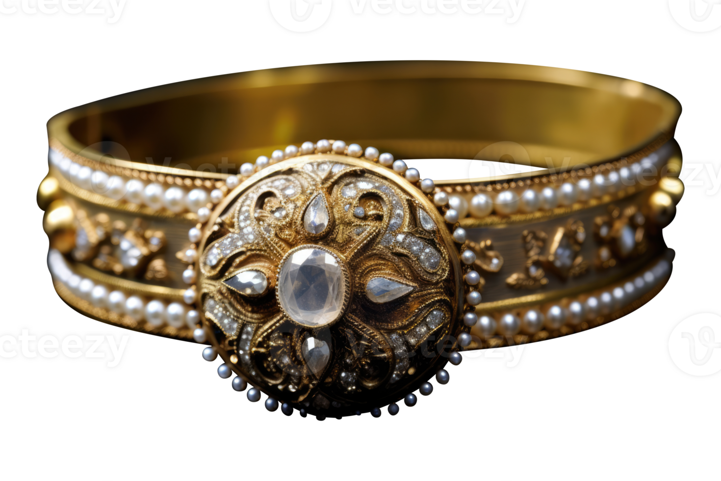 An antique gold bracelet with pearls and diamonds png