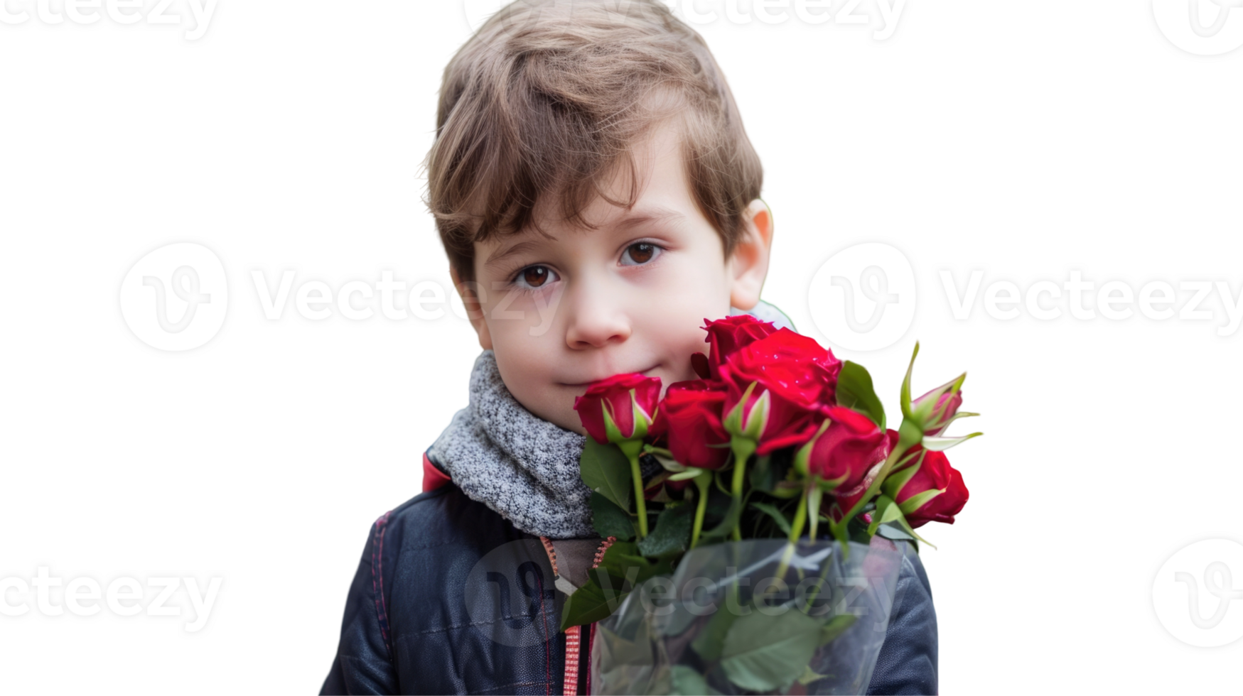 A young boy holding a bouquet of roses png