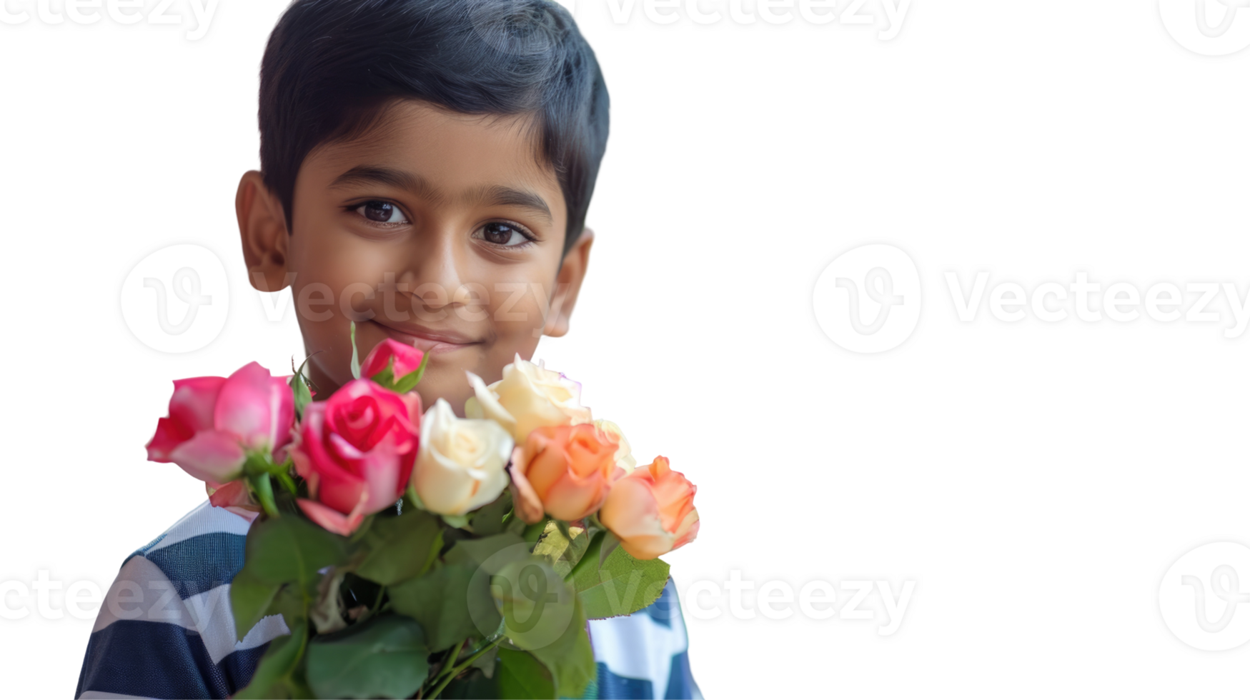 A young boy holding a bouquet of flowers png