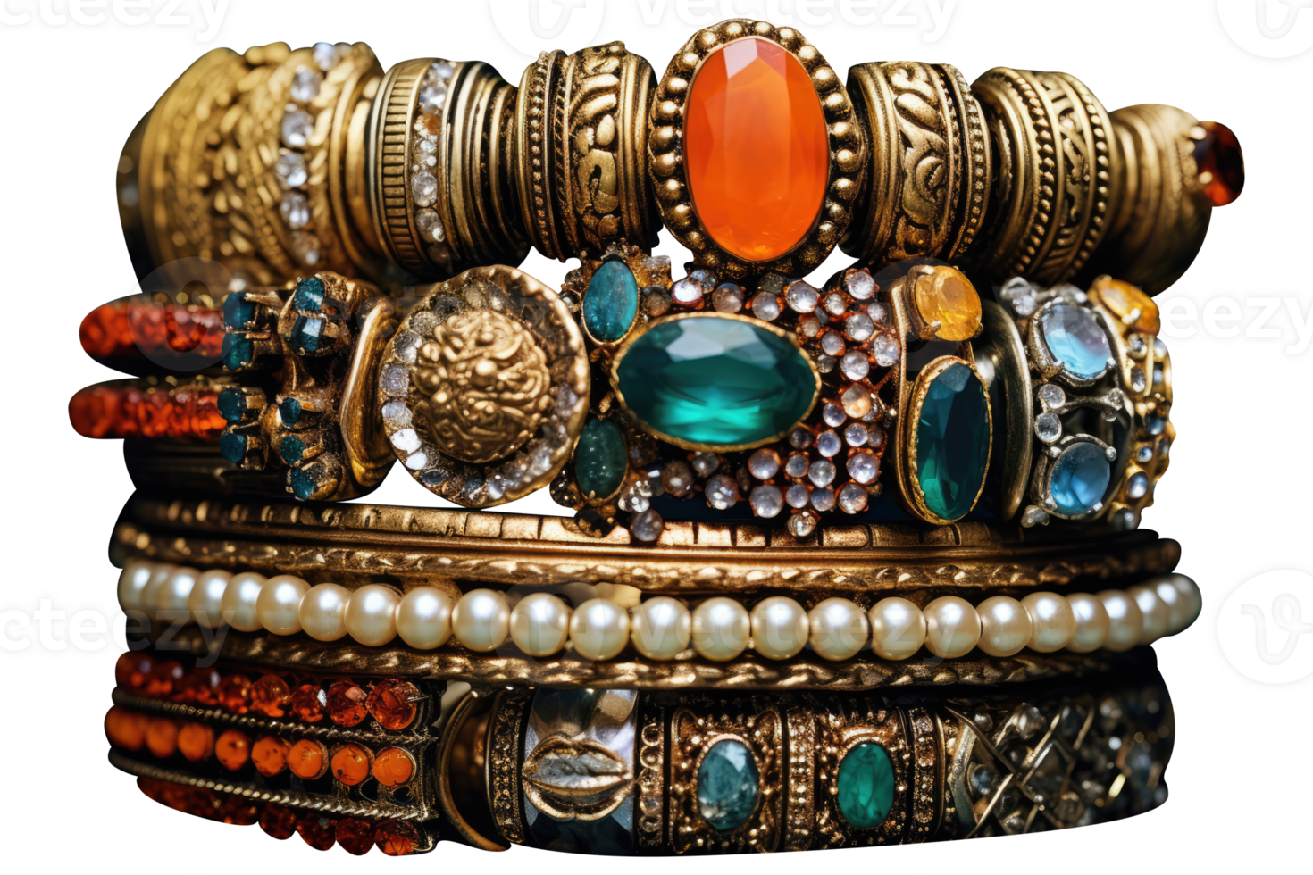 A stack of gold and silver bracelets png