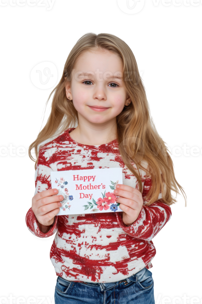 A young girl holding a card with happy mother's day written on it png