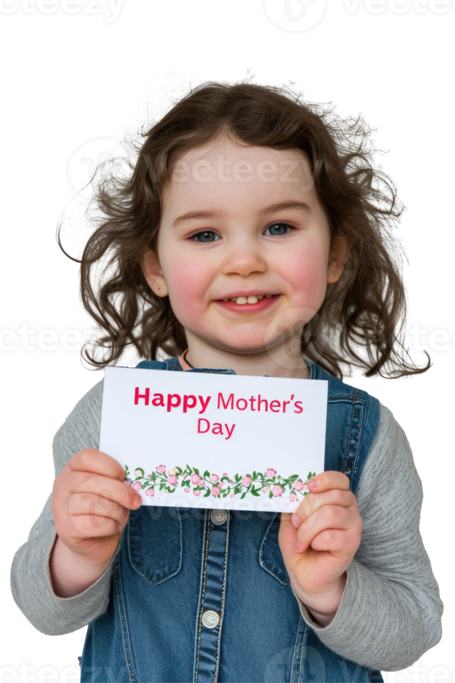 A little girl holding a card with the words happy mother's day png