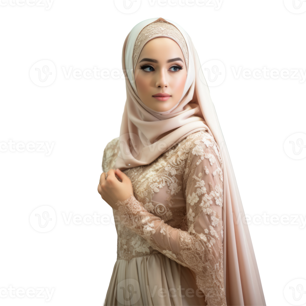 Beautiful muslim woman in a beige dress and hijab png