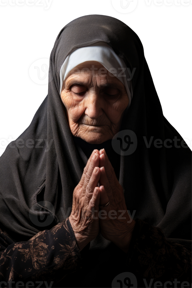 An elderly woman in a black headscarf is praying png