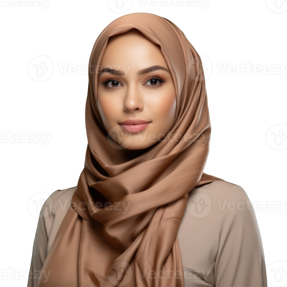 Beautiful young woman in a brown hijab png