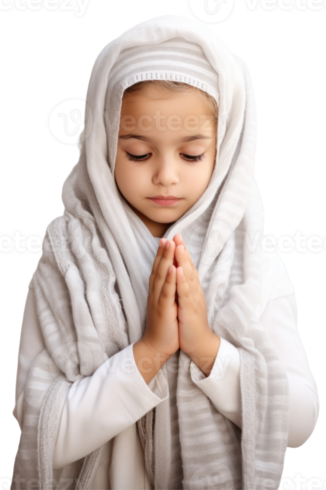 A little girl in a white hijab is praying png