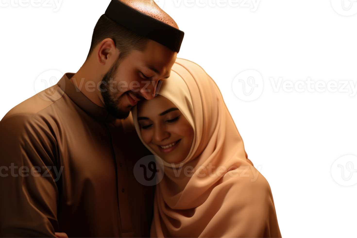 A muslim couple embracing in a brown outfit png