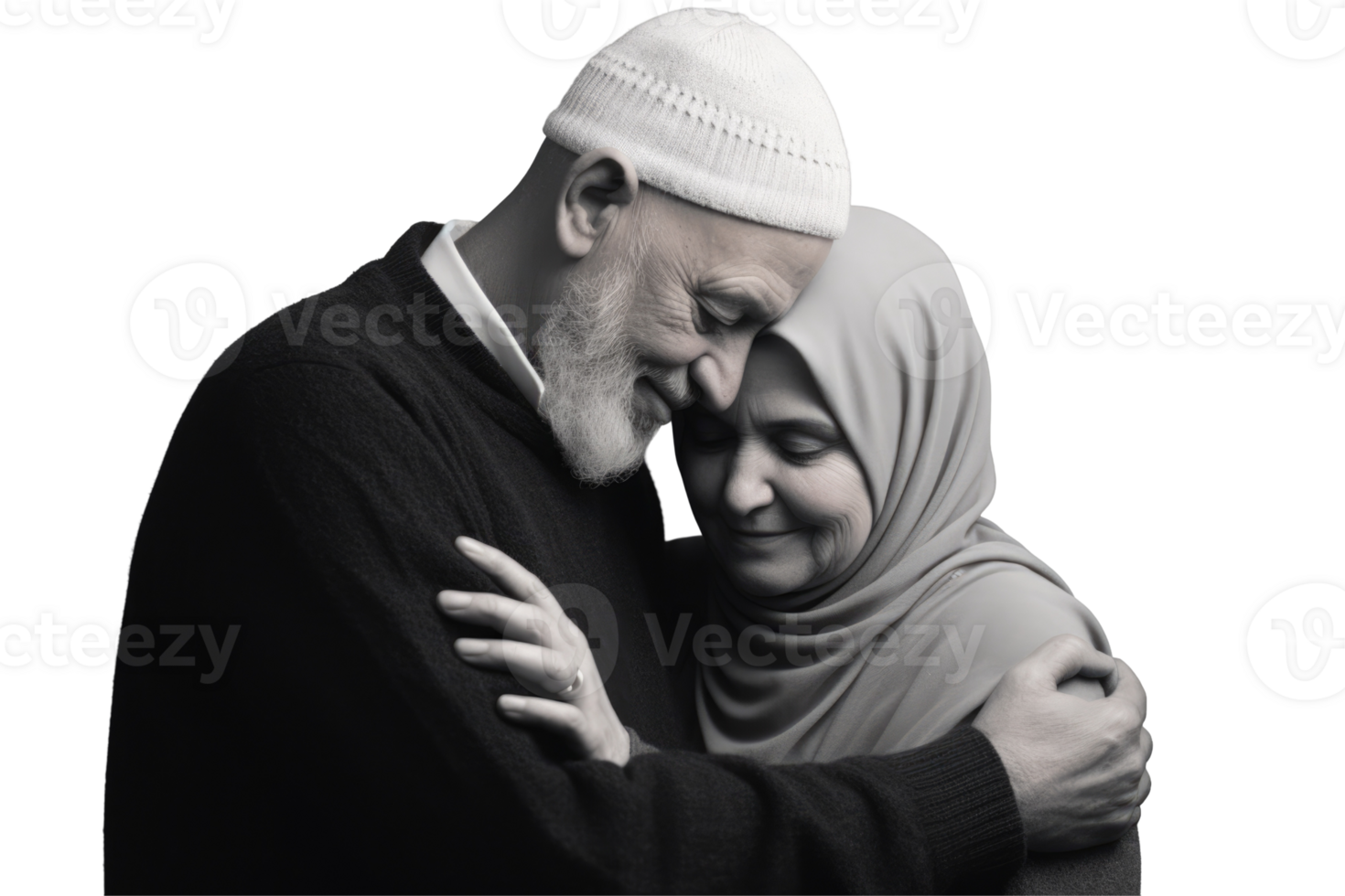 An older man and woman embrace each other in a black and white photo png