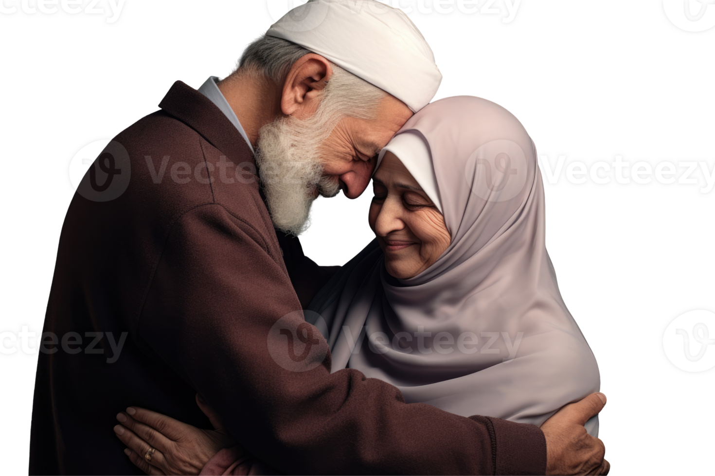 An elderly couple embracing in a black background png
