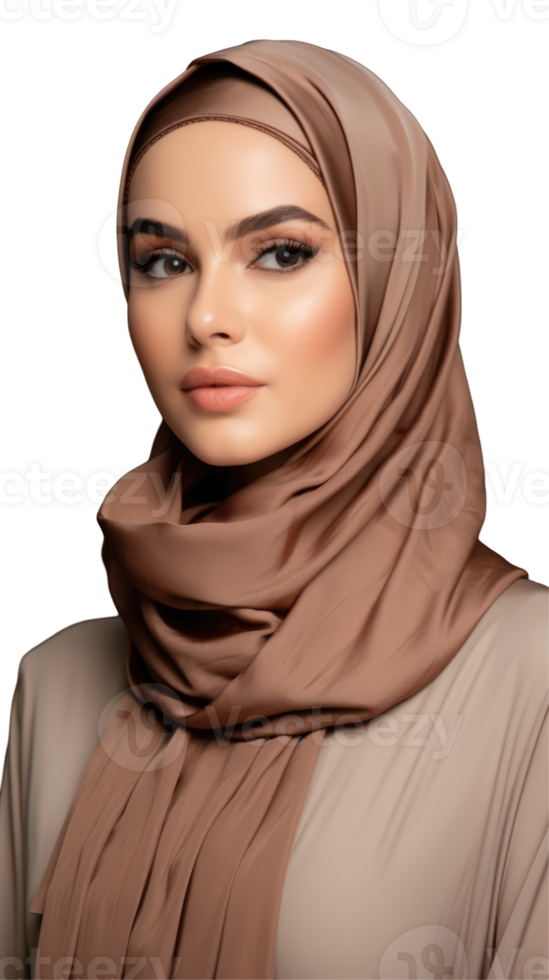 A beautiful woman wearing a brown hijab png