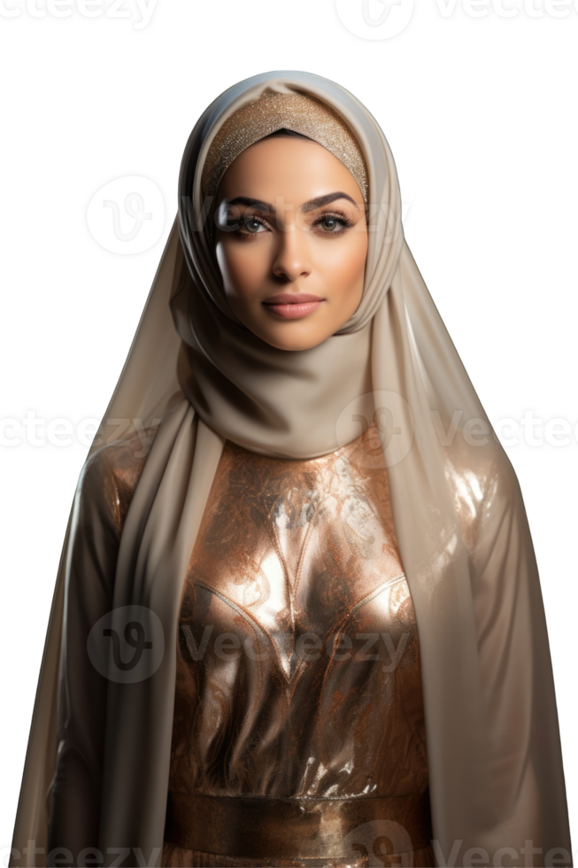 Beautiful muslim woman in gold dress and hijab png