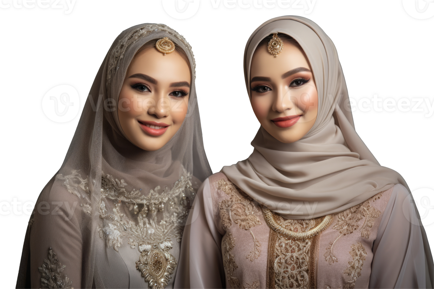 Smiling Asian Muslim Sister in Elegant Ethnic Outfit and Headpieces for Eid Mubarak Photo on Background. png