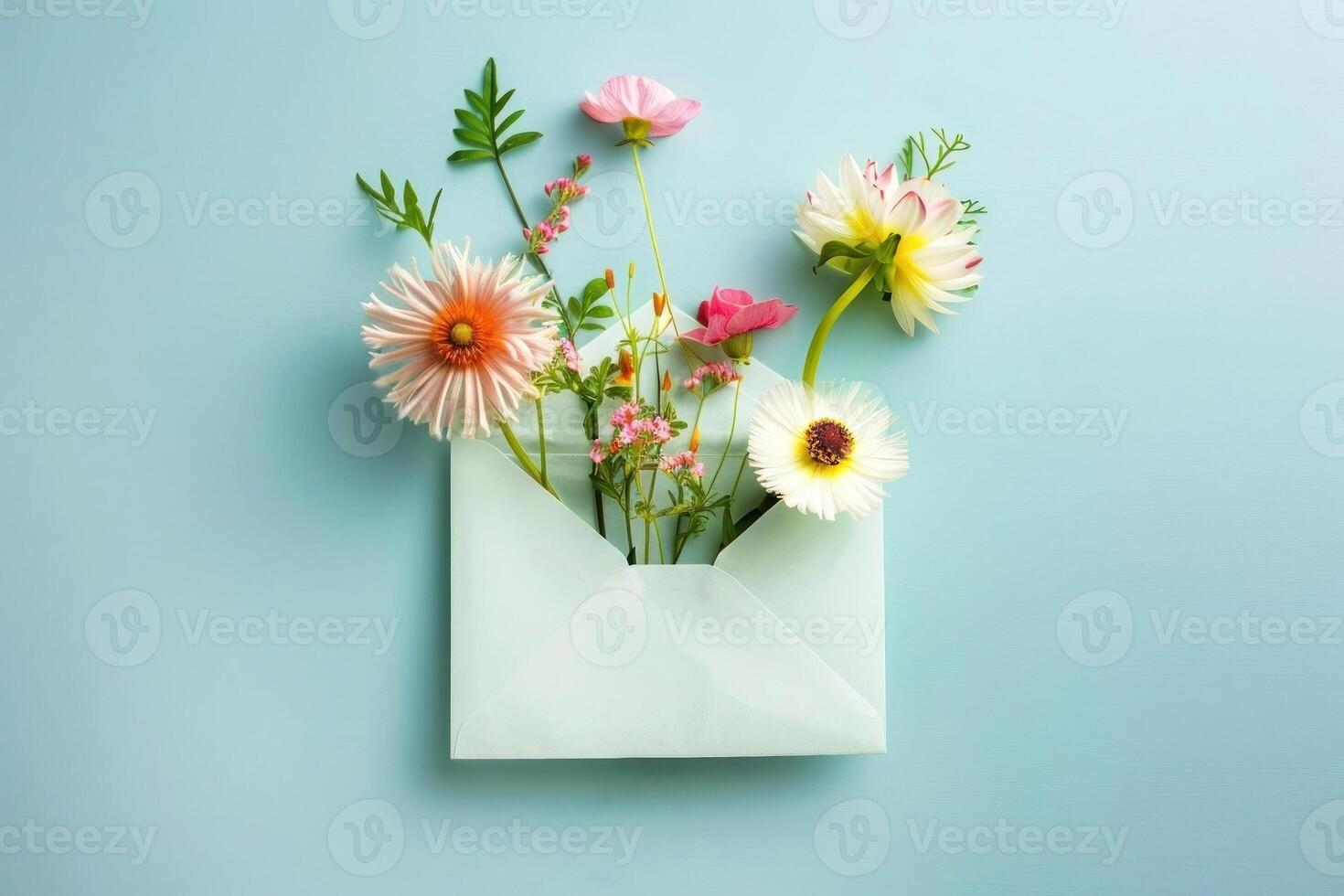 Blooming florals burst from an open envelope against a soothing blue background photo