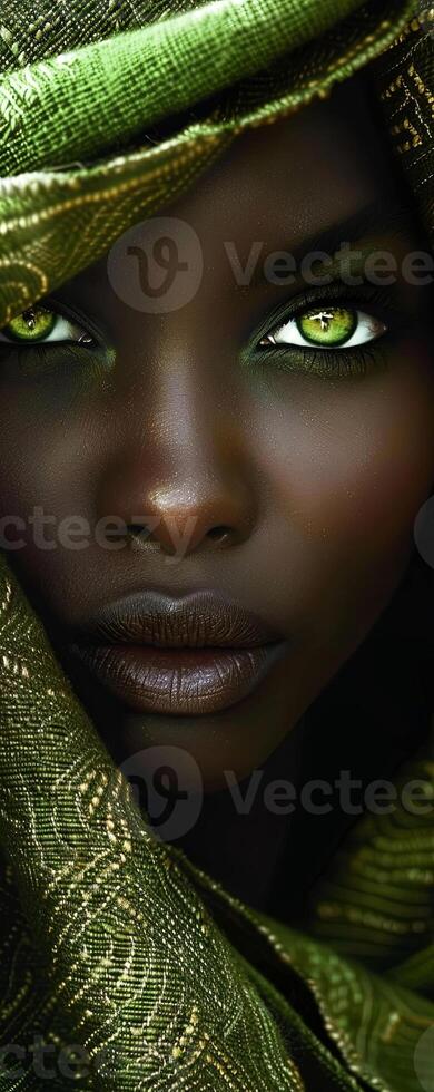 Mesmerizing gaze framed by an elegant green fabric, reflecting light in a captivating way photo
