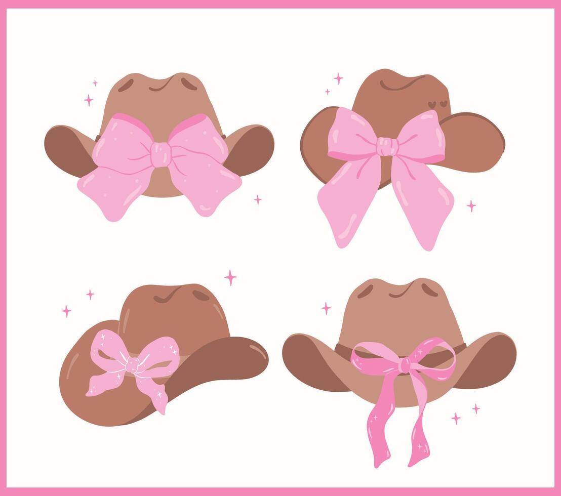 Retro Coquette Cowgirl Hat with Ribbon Bow Flat Design set vector