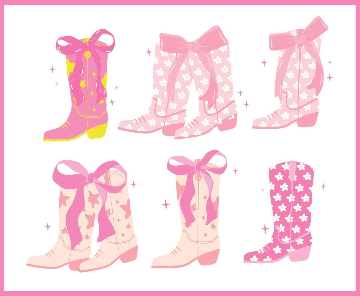 Groovy Retro Cowgirl Boots with Ribbon Bow Flat Design set vector