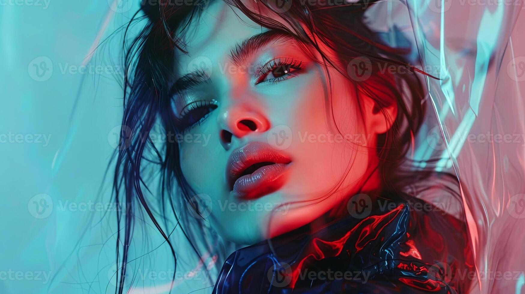 Bold, stylish portrait exploring vivid color contrasts and modern elegance photo