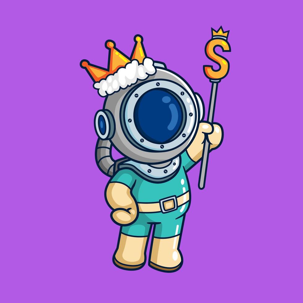 the diver holds a stick with a dollar logo and wears a king's crown vector