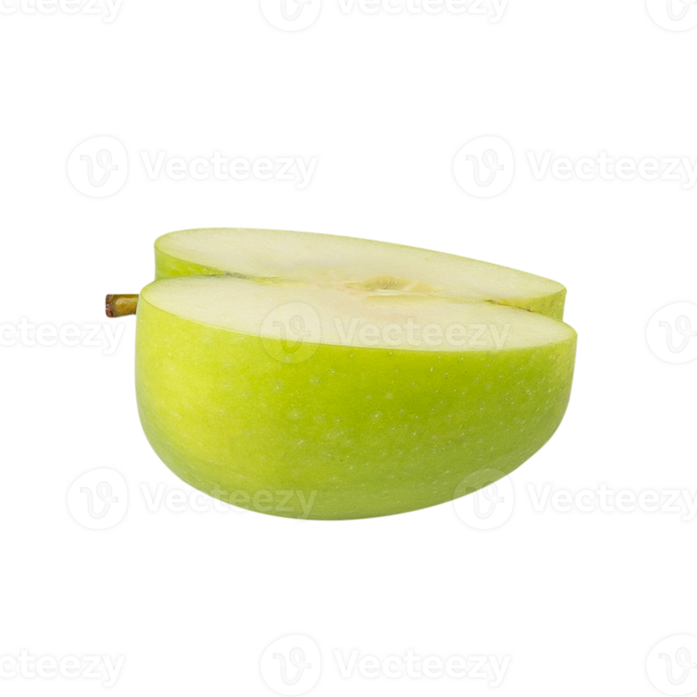 Fresh green apple cut in half, showcasing its juicy interior and vibrant color png