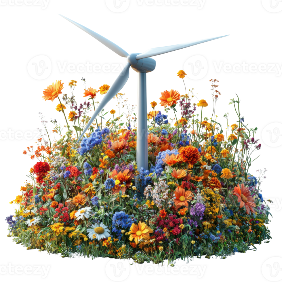 vibrant wind turbine surrounded by colorful array of wildflowers, symbolizing renewable energy and nature beauty png