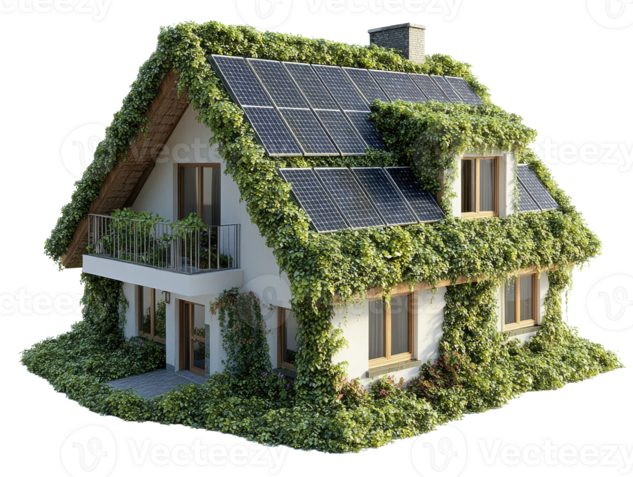 Eco friendly house with solar panels and lush greenery png