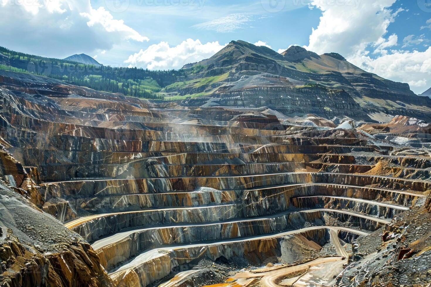 Deep within the mountains, layers of earth unfold in a dramatic terraced display photo