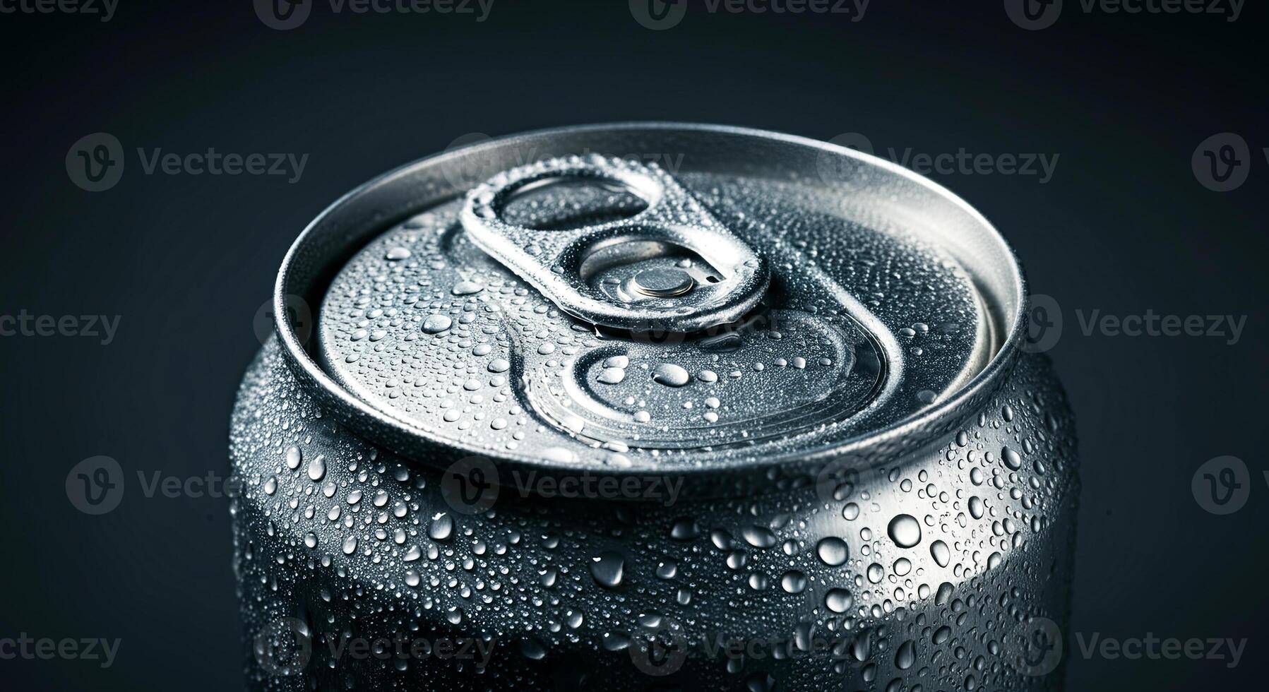 Chilled soda can artfully captured in this stunning shot, highlighting every droplet for a refreshing visual treat photo