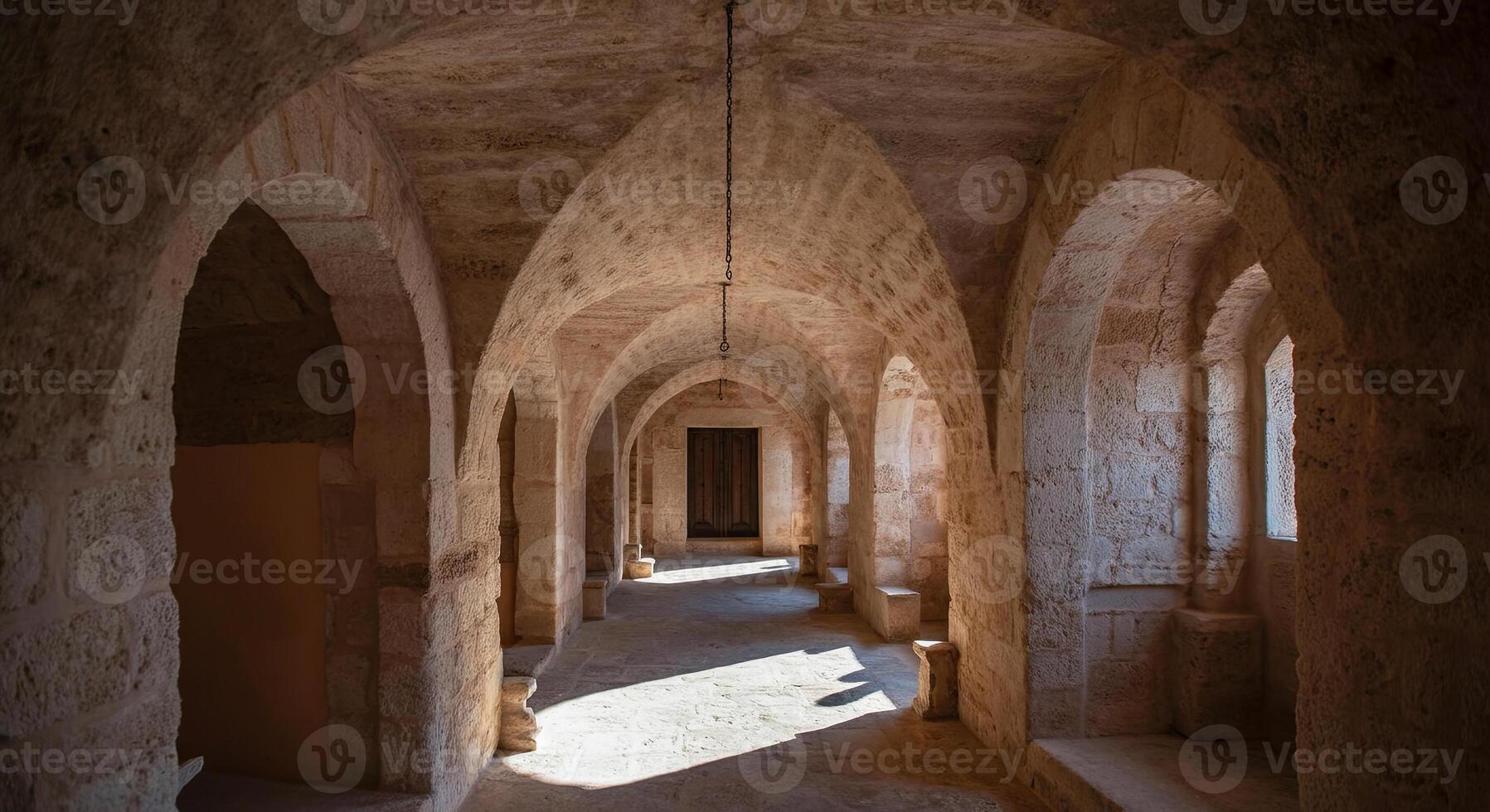 Historic stone corridor with mesmerizing arches and soft light play evokes ancient mysteries and timeless elegance photo