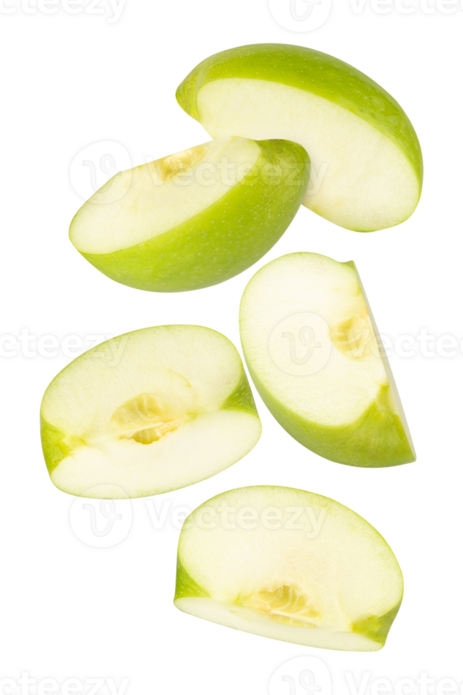 Fresh green apple slices arranged artistically, showcasing their juicy texture and vibrant color. png