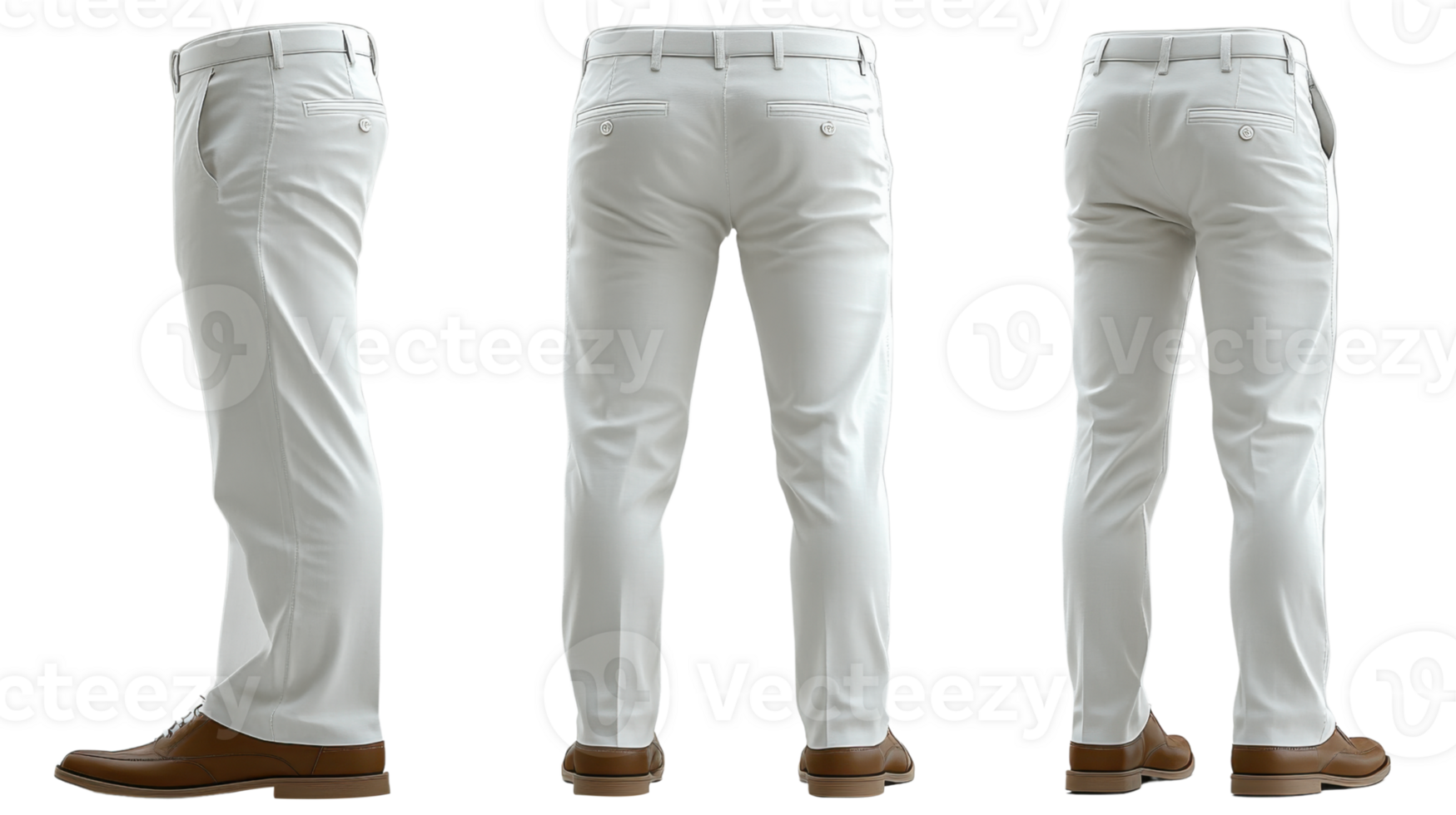 White dress pants displayed from three angles, showcasing sleek design and tailored fit png