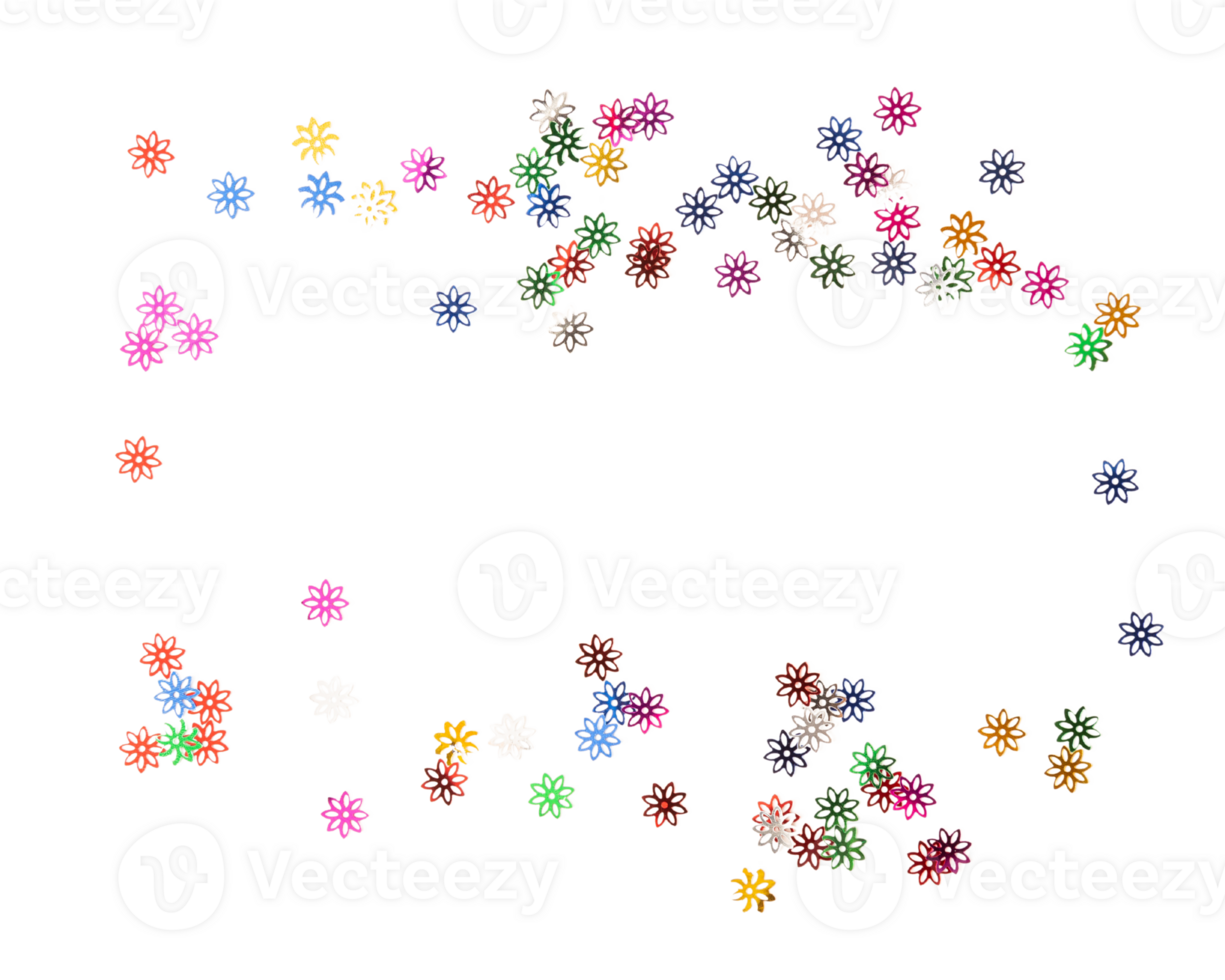 Colorful confetti flower shapes scattered on transparency background create vibrant design. png