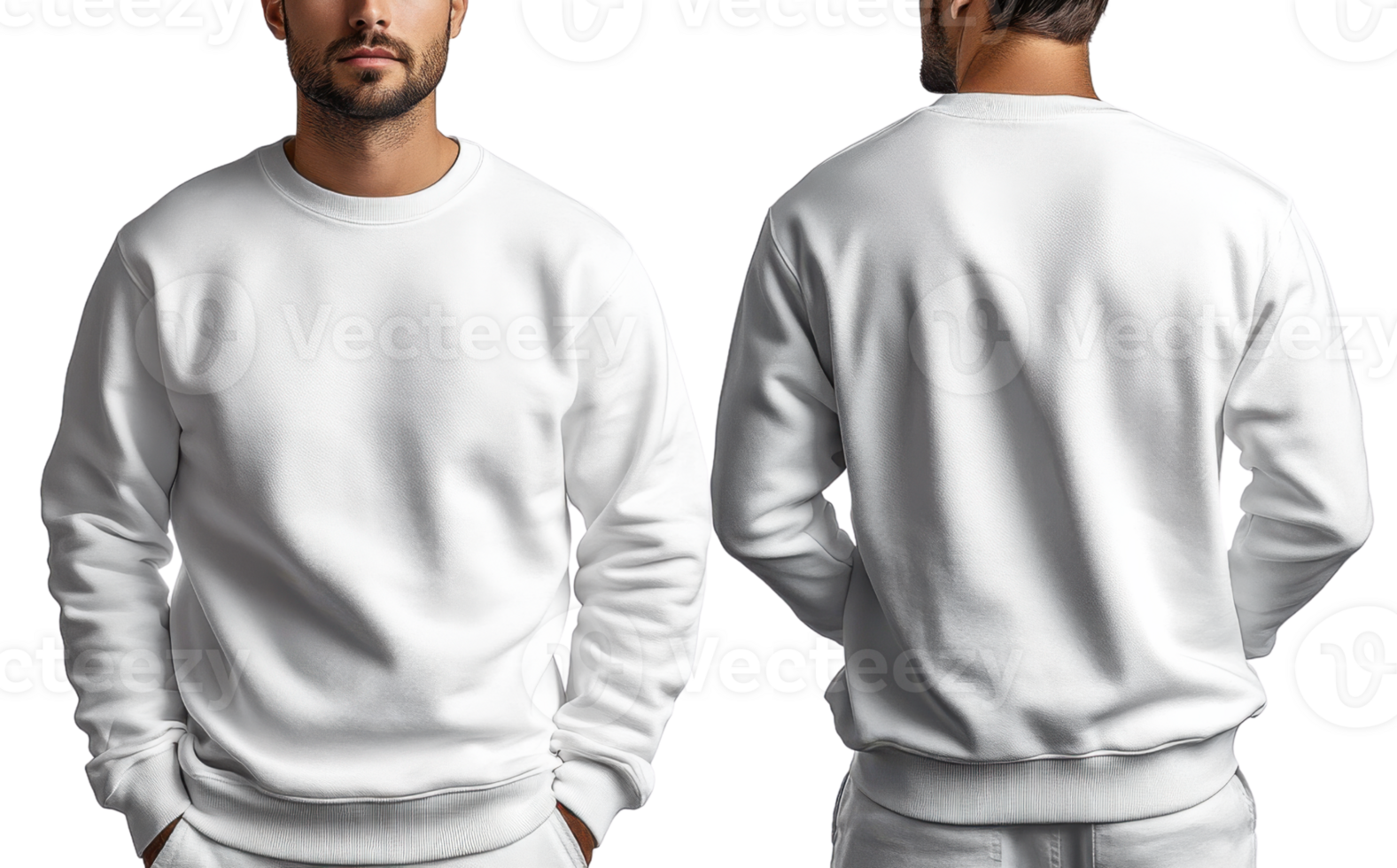 plain white sweatshirt worn by man, showcasing front and back views, ideal for casual wear png