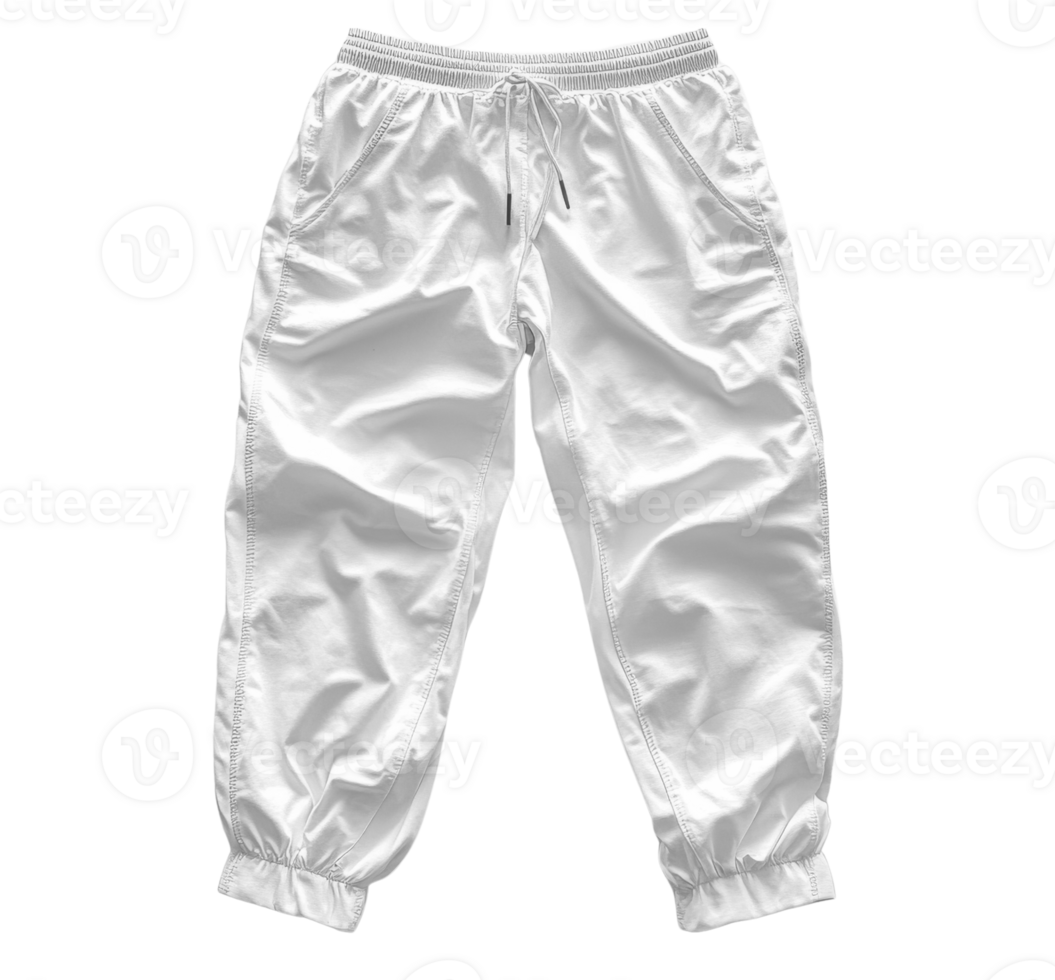 White athletic pants with elastic cuffs and drawstring waist png