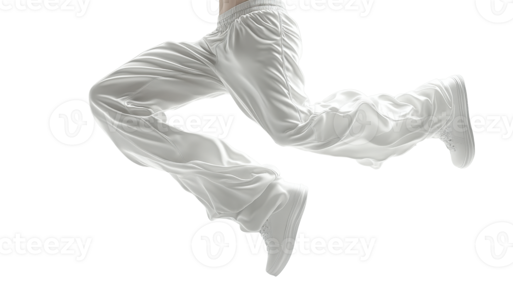 Dynamic jump in white athletic pants and shoes, showcasing movement and energy png