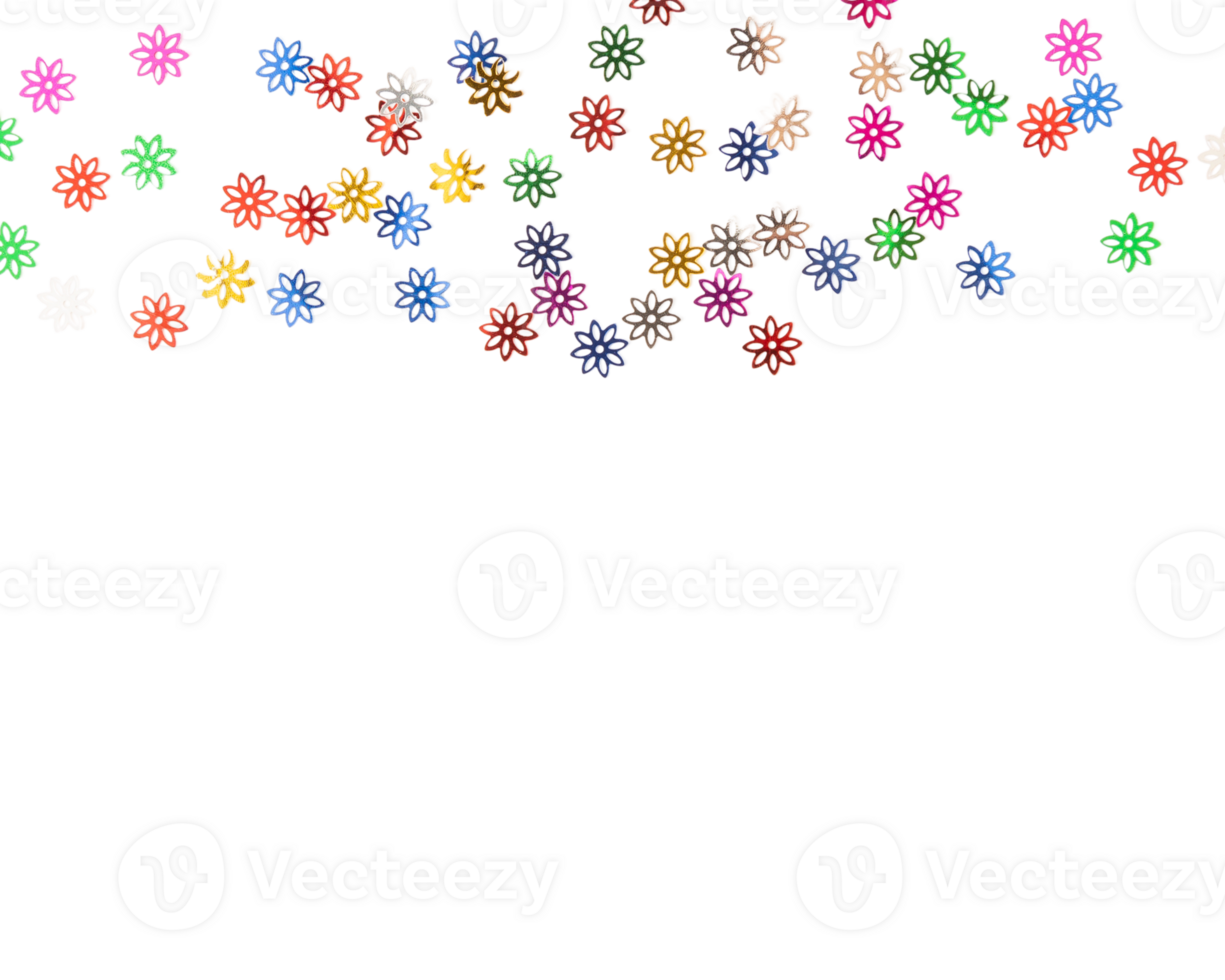 Confetti Colorful flower shapes scattered on transparency background create vibrant design. png