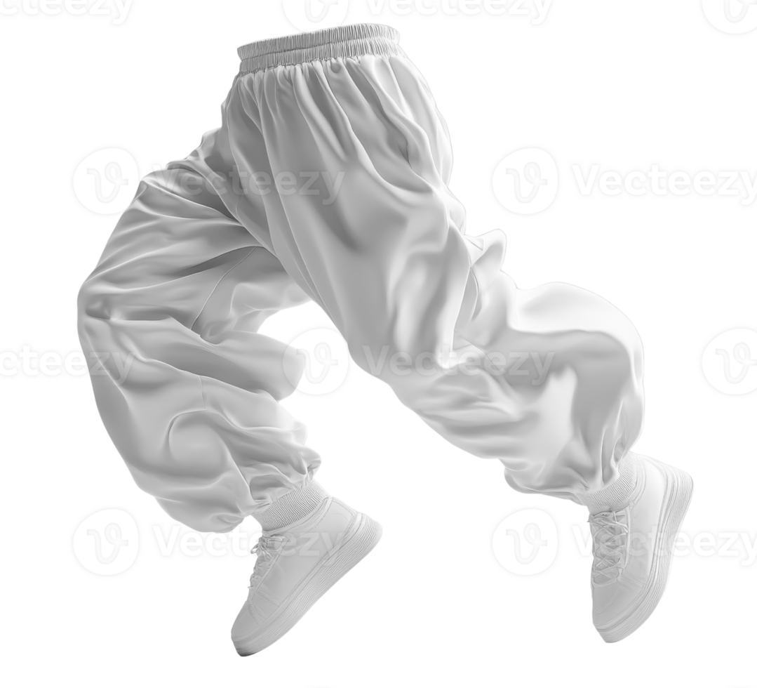 White baggy pants in motion with white sneakers, showcasing dynamic style png
