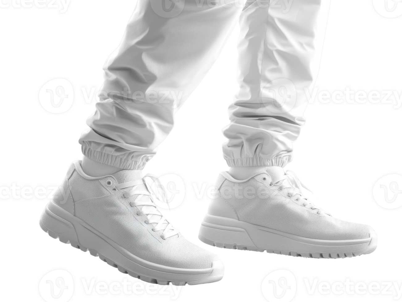 White athletic shoes with white joggers, standing on transparency background png