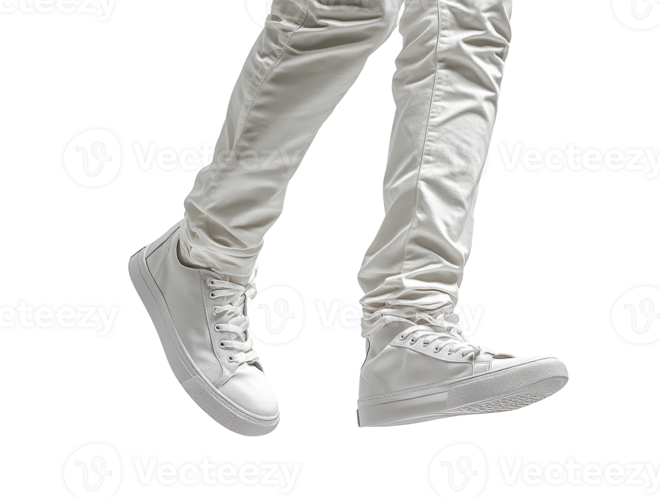 White sneakers in motion with light colored pants, showcasing casual style png