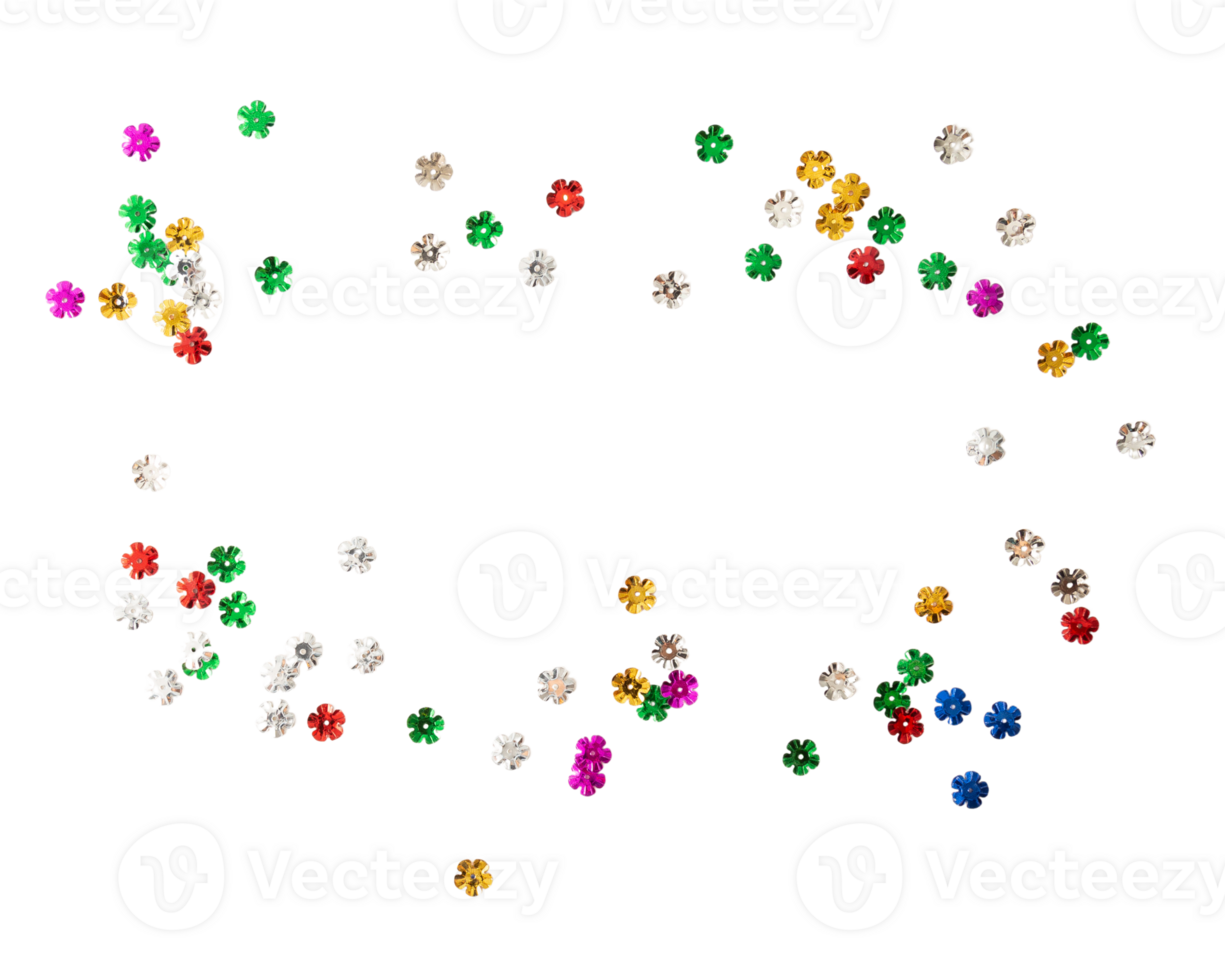 Colorful flower shaped sequins scattered on transparency background create vibrant and playful atmosphere png