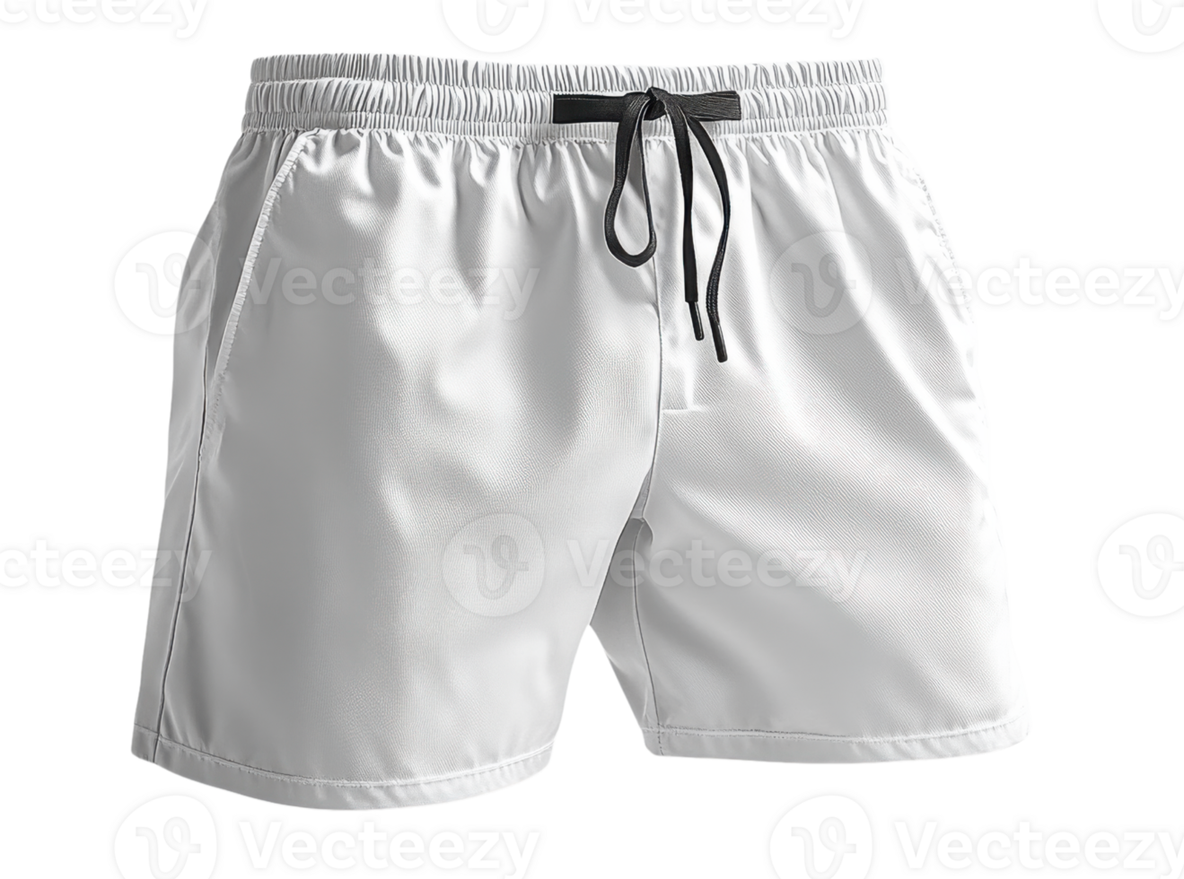 Lightweight white swim shorts with elastic waistband and drawstring. Perfect for beach or pool activities png