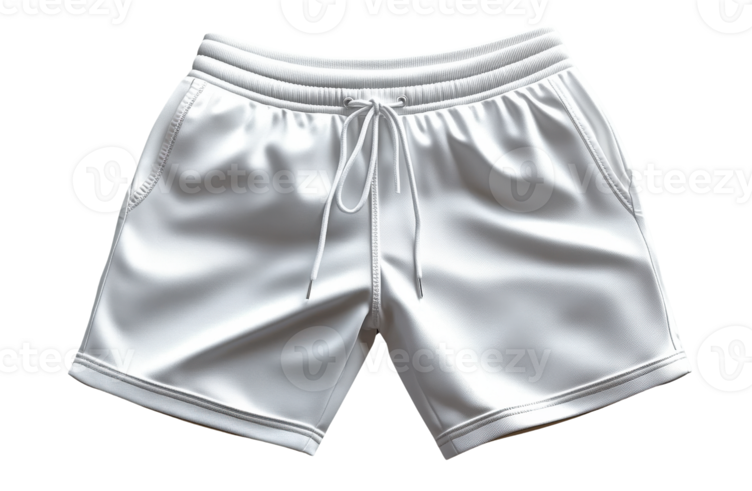 White athletic shorts with elastic waistband and drawstring. png