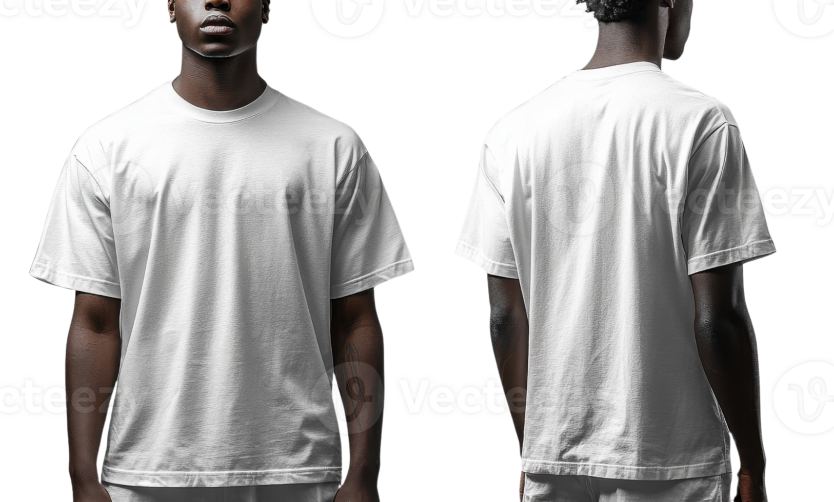 white t shirt displayed from front and back, showcasing its simple design and fit png