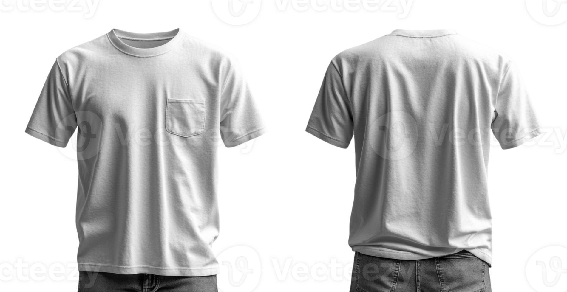 Plain white t shirt with pocket, front and back view, casual style png