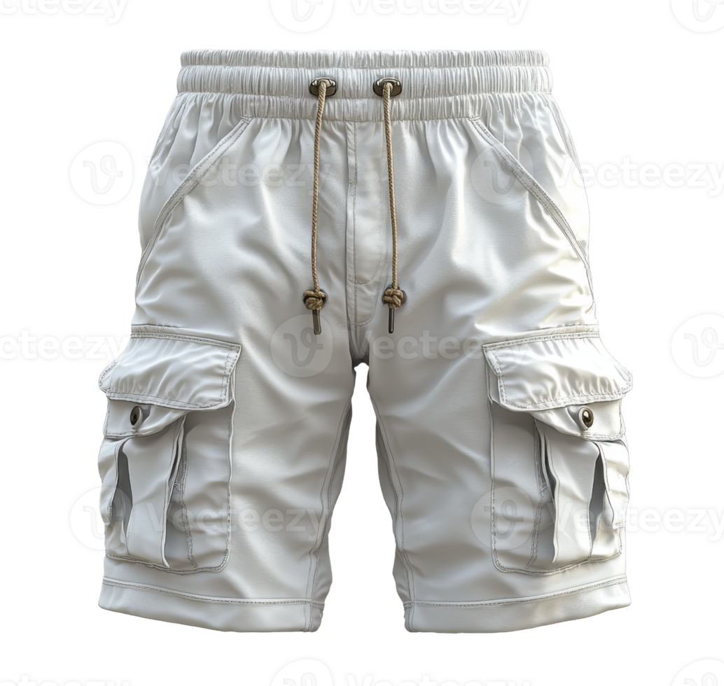 White cargo shorts with pockets and drawstring waist, perfect for summer wear png