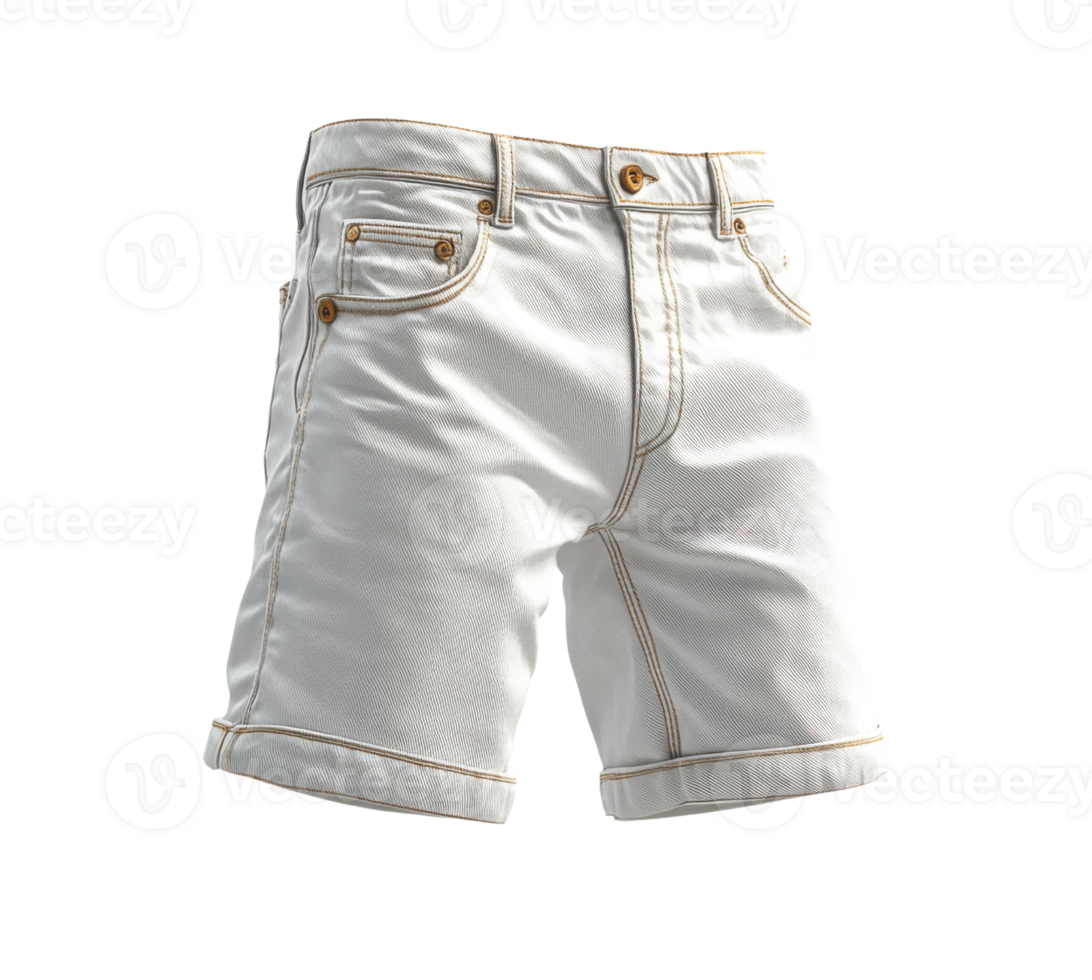 White denim shorts with rolled cuffs and golden stitching, perfect for summer style png