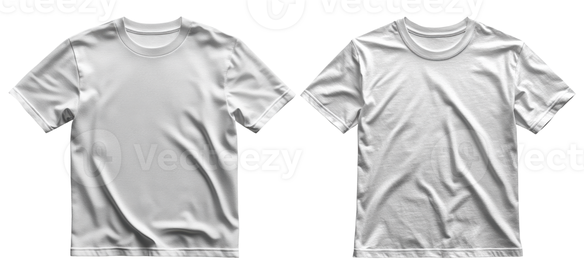 Plain white t shirts displayed on transparency background, showcasing different styles and textures png