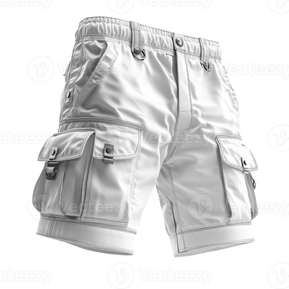 Stylish white cargo shorts with multiple pockets and elastic waistband png